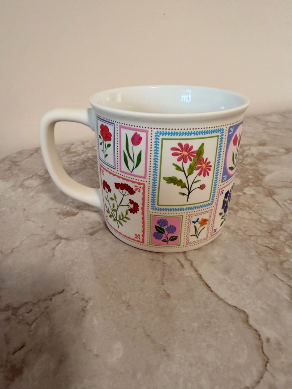 White Floral Patchwork Ceramic Mug - Pink & Green